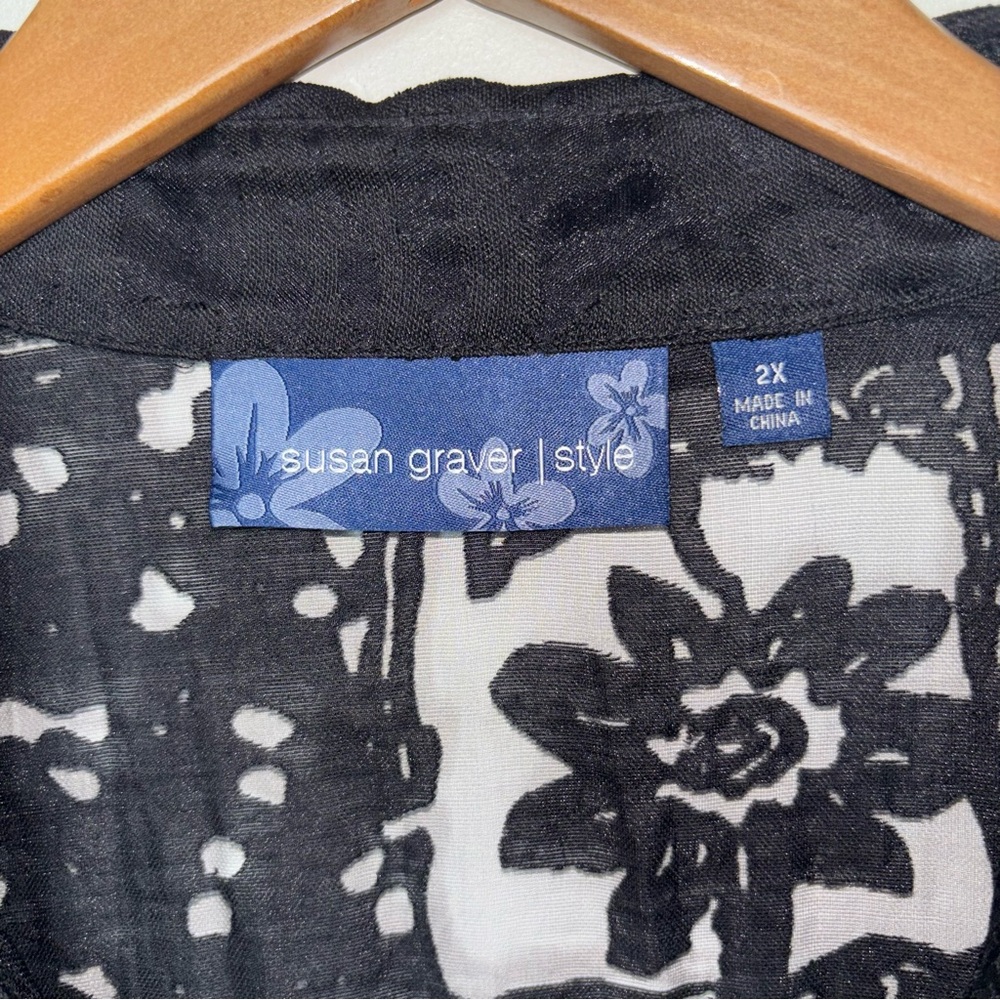 Susan Graver Lace Mesh Button-Front Top Black Size 2X Long Sleeve V-Neck Collar - Picture 5 of 13